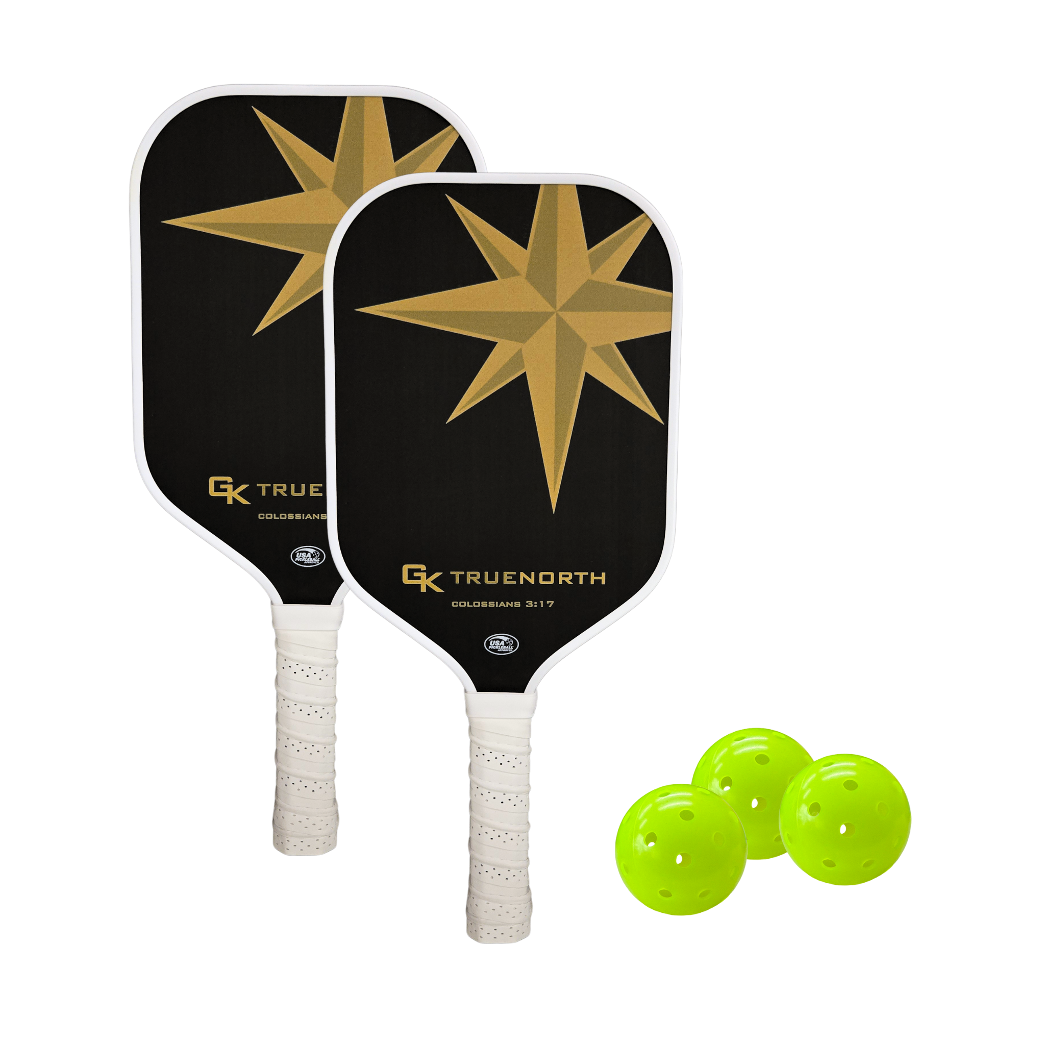 Pickleball bundle, including 2 Green Kompass True North carbon fiber paddles, and 3 official USAPA balls