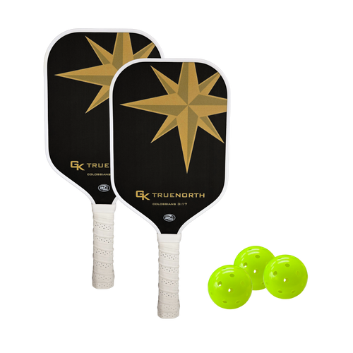 Pickleball bundle, including 2 Green Kompass True North carbon fiber paddles, and 3 official USAPA balls