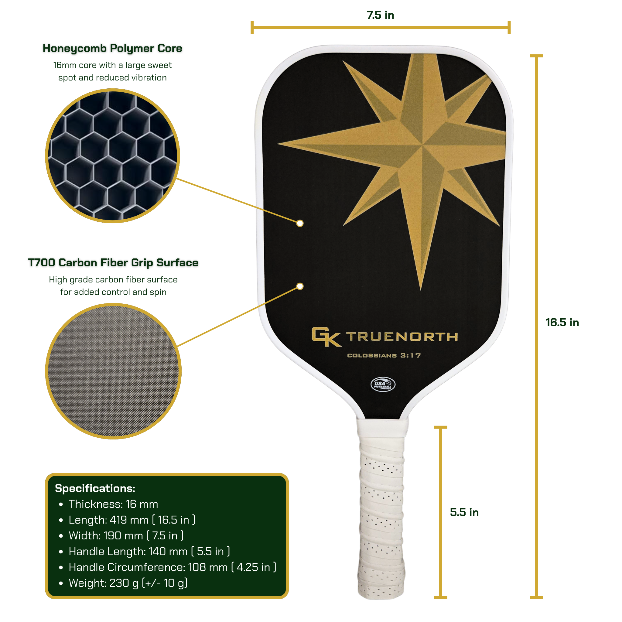 GK TrueNorth Pickleball Paddle - Carbon Fiber T700
