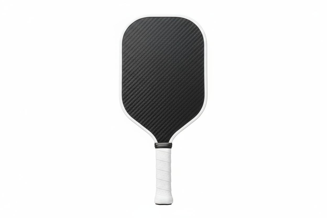 Pickleball paddle with white grip and white edge protector, and a carbon fiber face.