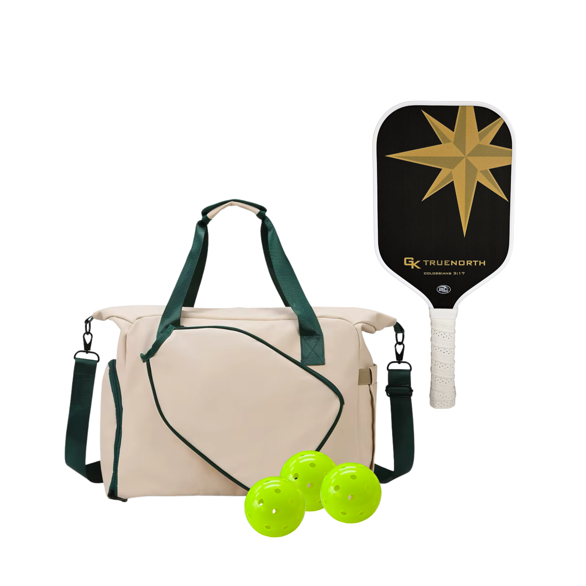 Pickleball bundle, including the Tour Bag, a Green Kompass True North carbon fiber paddles, and 3 official USAPA balls