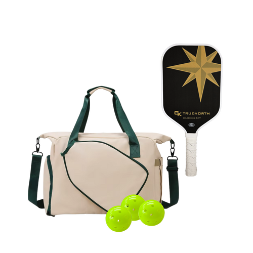 Pickleball bundle, including the Tour Bag, a Green Kompass True North carbon fiber paddles, and 3 official USAPA balls